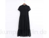 Frauen Punkte Kleid Rüschen Kragen Kurzarm Damen Elegantes Midikleid (Color : Black Size : Small)