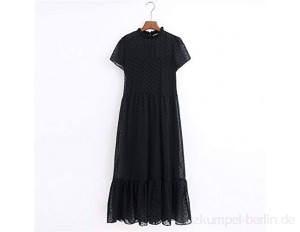 Frauen Punkte Kleid Rüschen Kragen Kurzarm Damen Elegantes Midikleid (Color : Black Size : Small)