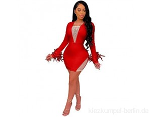 JQAM Women's Mesh Garn Hot Strass Nähte Federn Slim Kleid M2989 (Color : Red Size : XX-Large)