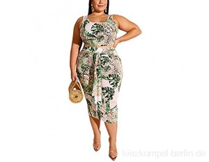 LIXILI Sexy Plus größe 2 stück Kleid Sets floral Druck ärmelloser Engen Ocker Anzug für Frauen Grün 5XL
