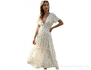 Primevip Damen Sommer Boho Kleid V-Ausschnitt Abenddruck Floral Maxi Beach Langes Kleid Kurzarm Kleid Knöchellanges Kleid