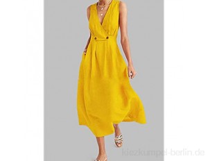 T-ara Modischer Stil Ganze Färbung V-Ausschnitt Button ärmelloses mittellanges Sommerkleid Weich und bequem (Color : Yellow Size : XL)