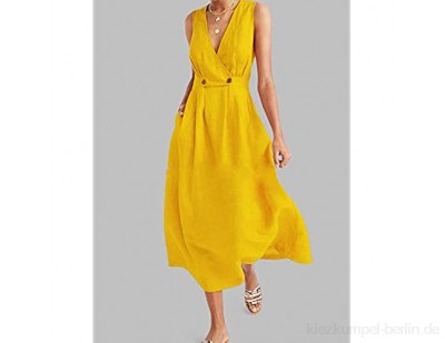T-ara Modischer Stil Ganze Färbung V-Ausschnitt Button ärmelloses mittellanges Sommerkleid Weich und bequem (Color : Yellow Size : XL)