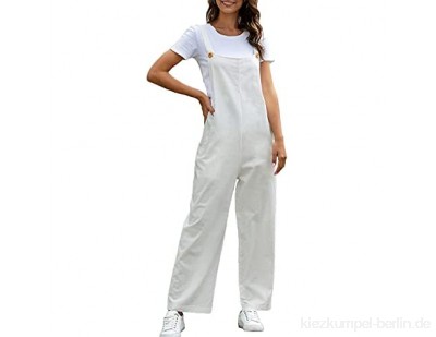 Maeau - Damen-Overall elegant Sommerhose lang lässig Baumwolle mit Taschen einfarbig für Arbeit Verabredung Party Weiß