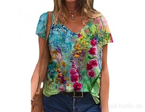 Frauen Lässig locker Blumendruck Kurzarm Tops Pullover Damen V-Ausschnitt T-Shirt Bluse Tunika