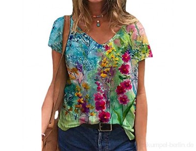 Frauen Lässig locker Blumendruck Kurzarm Tops Pullover Damen V-Ausschnitt T-Shirt Bluse Tunika