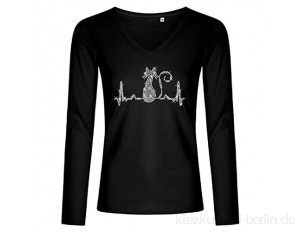 BlingelingShirts Fun Shirt Longsleeve Damen Strass Katze kristall mit Herzschlaglinie EKG Heartbeat Longsleeve