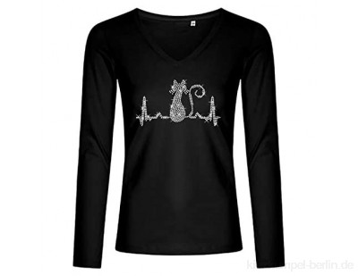 BlingelingShirts Fun Shirt Longsleeve Damen Strass Katze kristall mit Herzschlaglinie EKG Heartbeat Longsleeve