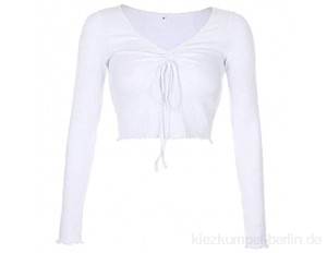 Runfon Frauen Kordelzug Shirt Langarm Crop Top V-Ausschnitt Pullover Shirt Figur für Damen-Weiß-M