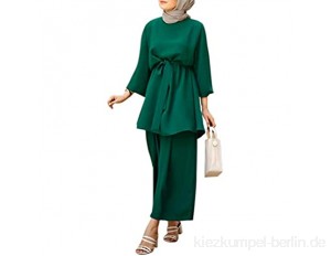 YO-HAPPY Frauen Muslim Summer Solid Outfit Langarm Tunika Tops Tops Wide Leg Pants