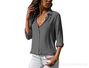 Minetom Damen Bluse Chiffon Elegant Langarm Oberteile Einfarbig V-Ausschnitt Hemdbluse Casual Hemd Lose Asymmetrisch T-Shirt Top