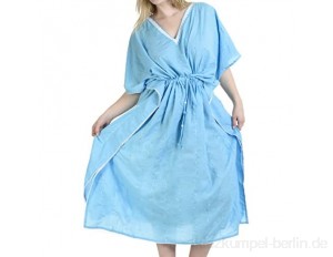 LA LEELA Damen Tunika Kaftan Strandkleid Bestickt Lange Badeanzug Cover Up Loungewear Sommer Maxikleid Blau_U488 XXL-3XL