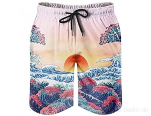 Dessionop Herren Badeshorts Japanisch Große Welle Sonnenuntergang Druck Boardshorts mit Taschenfutter Sportlich