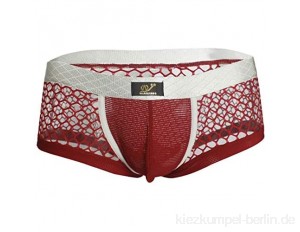 zdhoor Men's Fishnet Sheer Pouch Boxer Briefs See-Through Bikini Underwear Swim Trunks Swimsuit Wine Red Medium (Waist 28.0''-38.0")