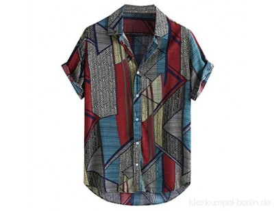 Kanpola Herren Hemden Kurzarm Leinenhemd Freizeithemd Loose Hawaiihemd Button Down Sommerhemd Farbblock Oversize T-Shirt Mit Brusttasche