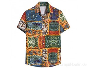 Yowablo Herren-Hemd, Kurzarm, reguläre Passform, Bedruckt, aus Leinen Bluse T-Shirt Ethnische Printing Hawaiihemd